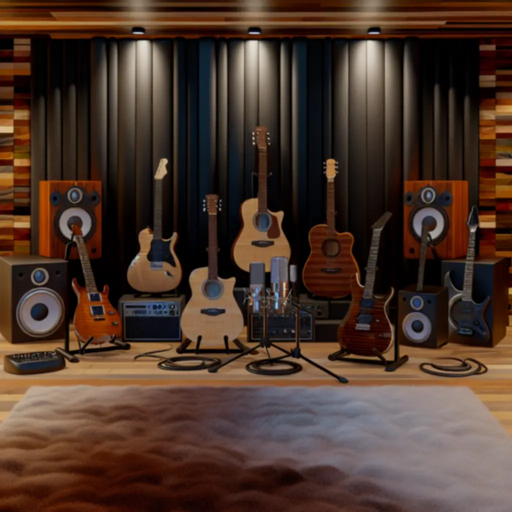 Selectie van premium instrumenten opgesteld in een warme studio-setting