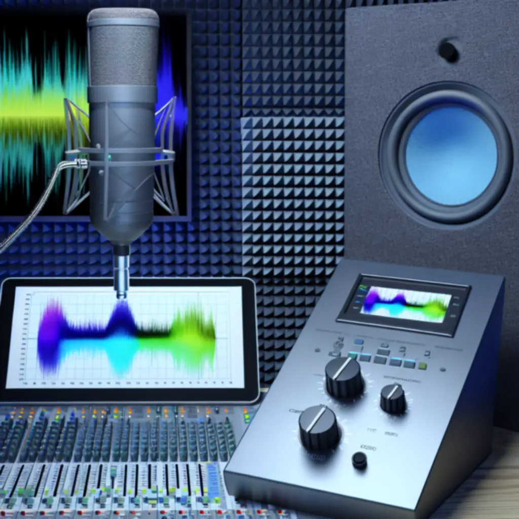 Meetmicrofoon en analyzer tijdens een klanktest in een studio