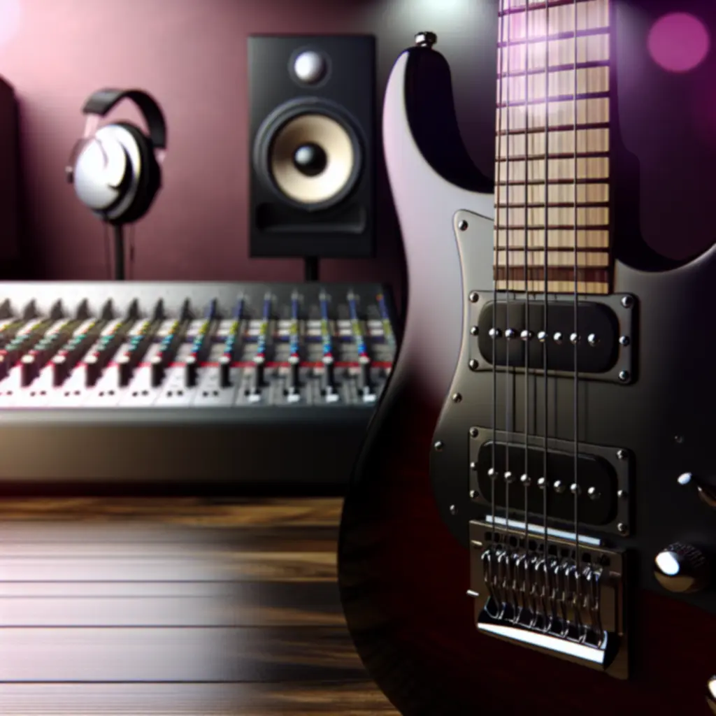 Close-up van een elektrische gitaar en studioapparatuur, symbool voor instrumentreviews