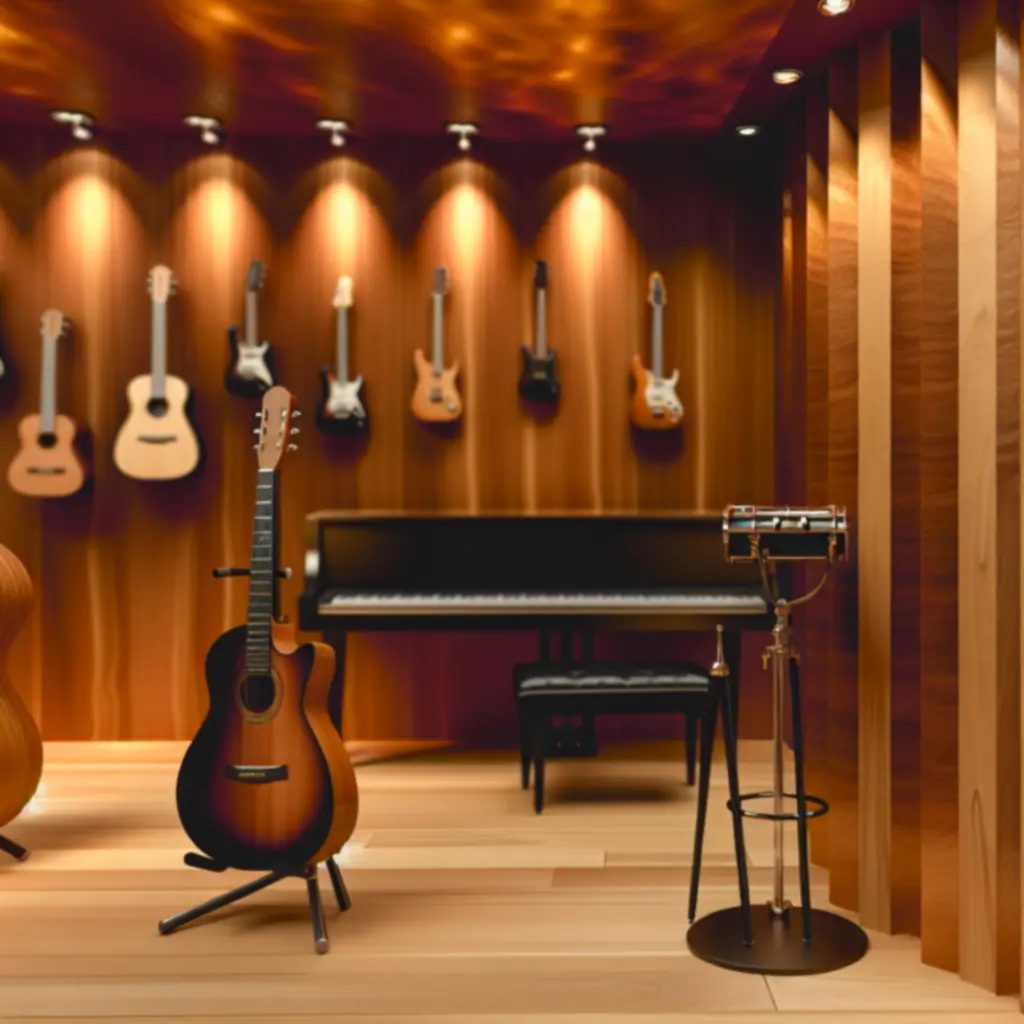 Sfeervolle muzikale setting met gitaar, piano en warme houttinten