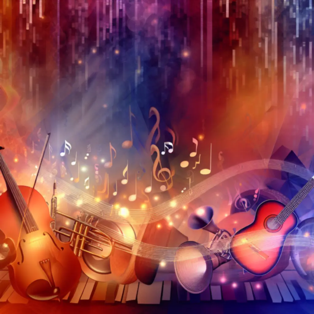 Sfeervolle compositie van muziekinstrumenten in een donkere, elegante setting